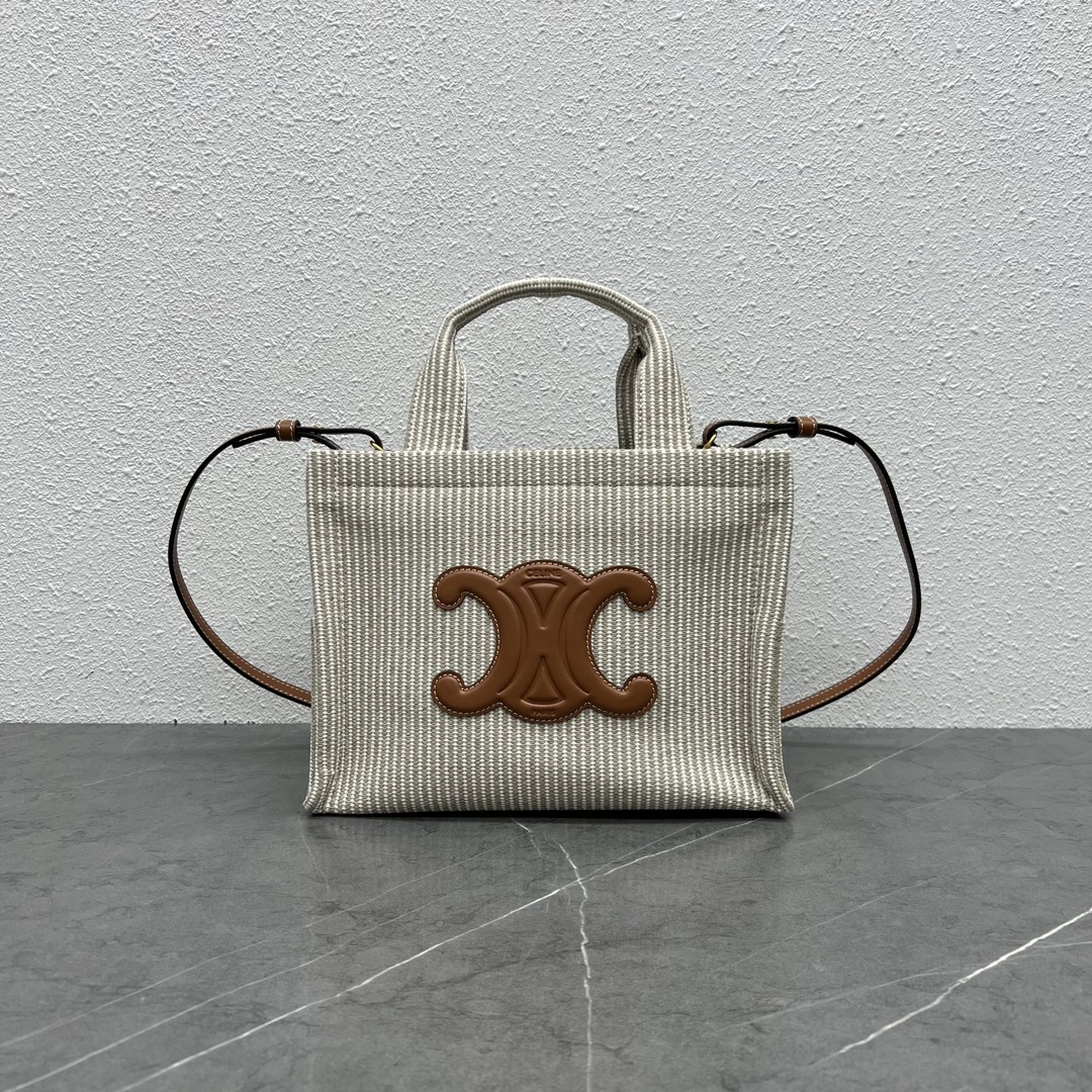 Celine Small Cabas Thais In Striped Textile And Calfskin Beige 199162